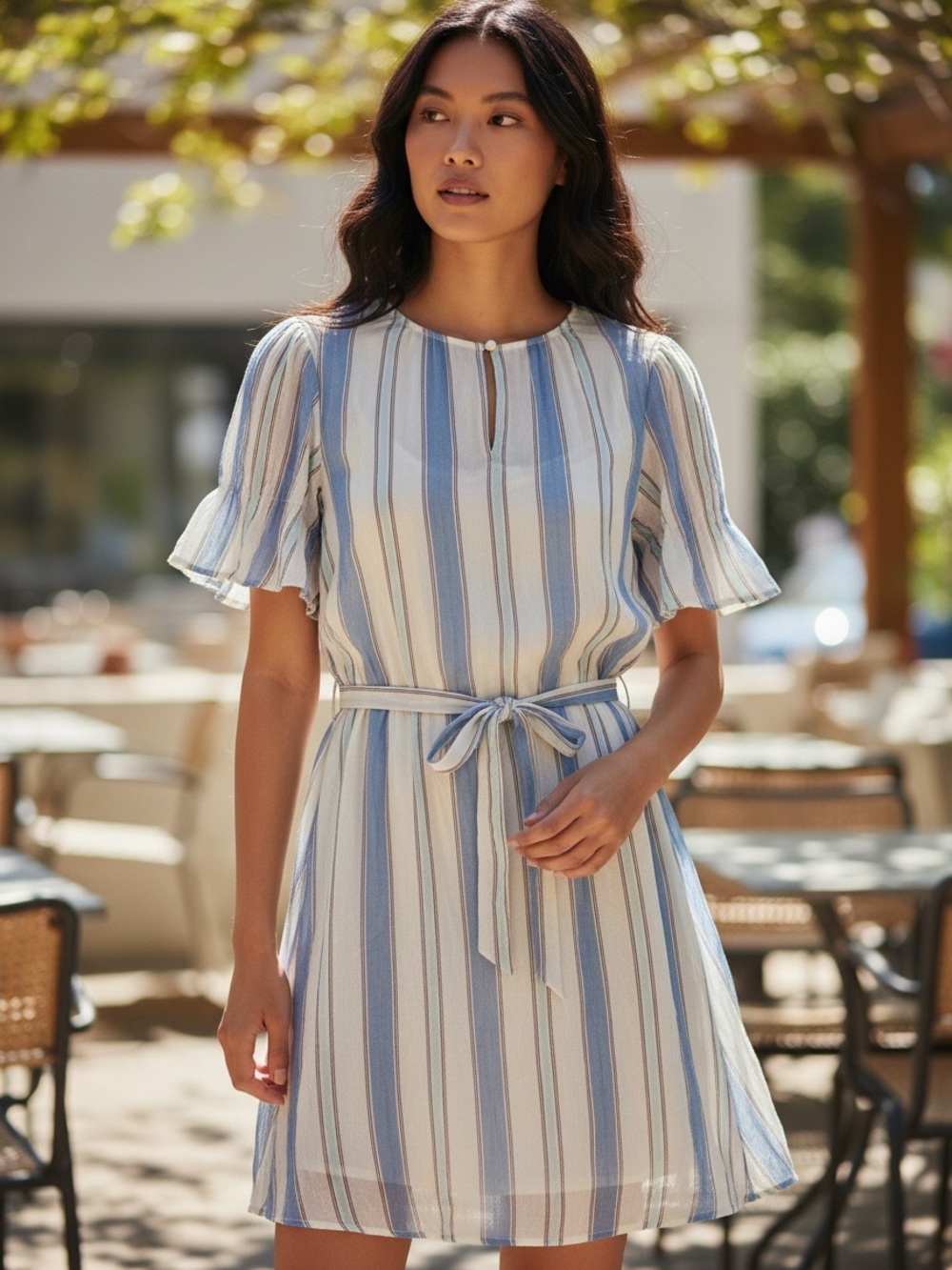 LOFT Blue and White Striped Tie-Waist Dress